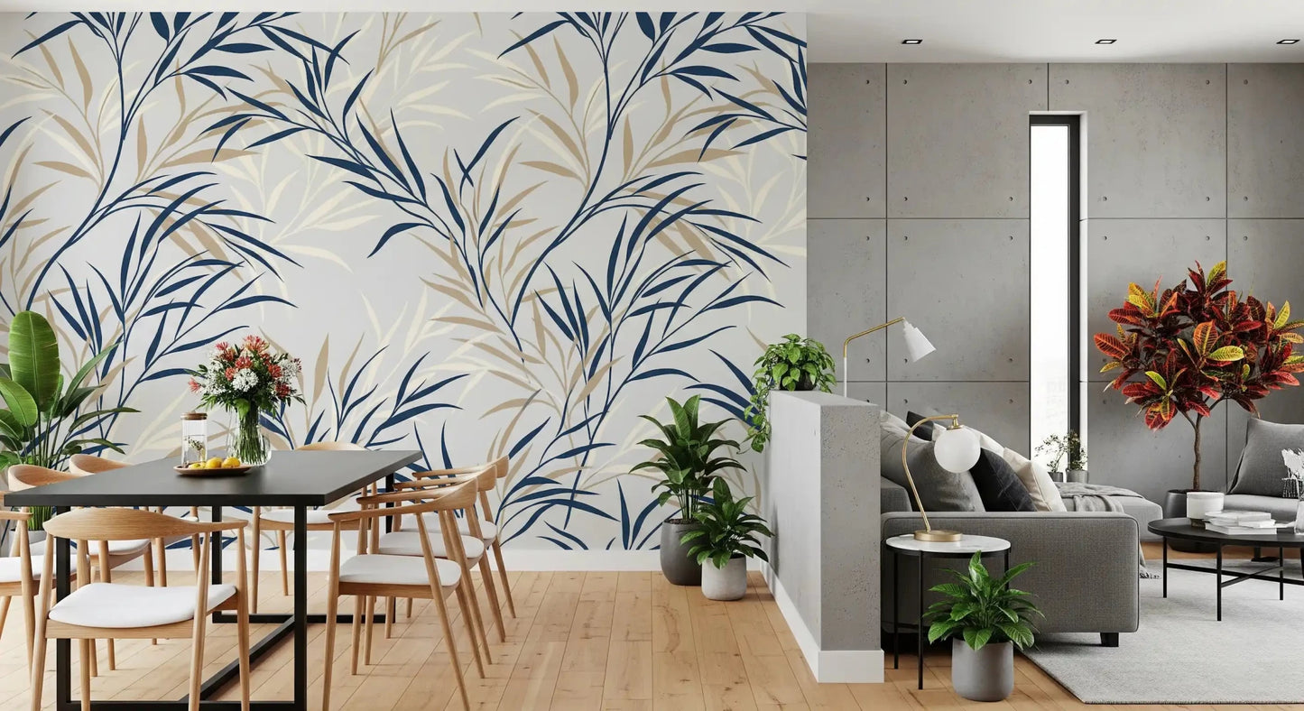 Dining area styled in Willow Branch Serenity wall mural with beige willow fronds, GD9032