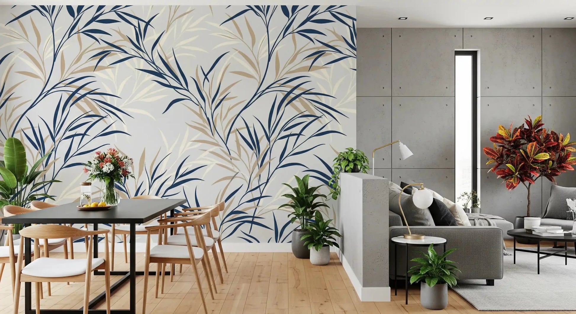 Dining area styled in Willow Branch Serenity wall mural with beige willow fronds, GD9032