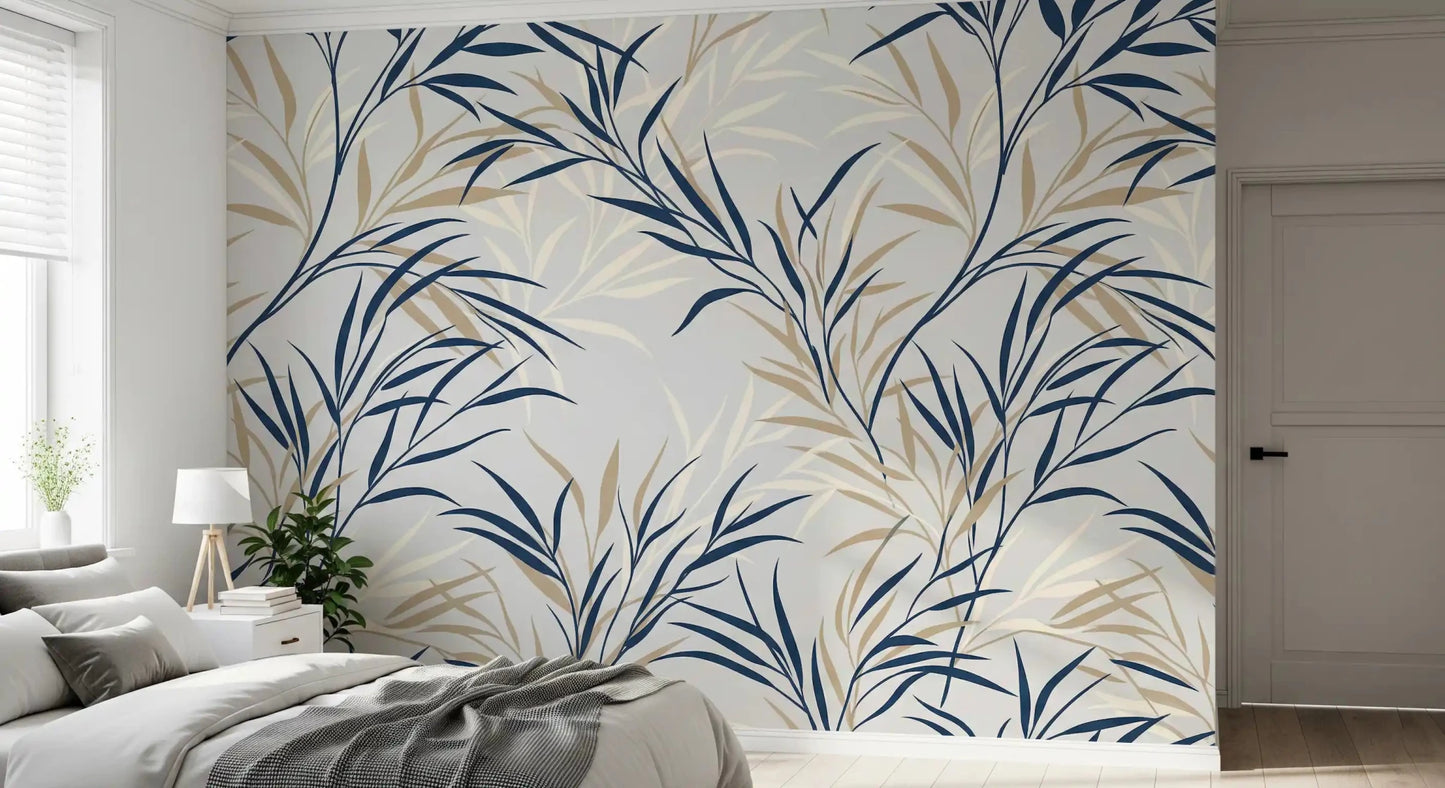 Bedroom space using Willow Branch Serenity wall mural with layered leaf detail, GD9032