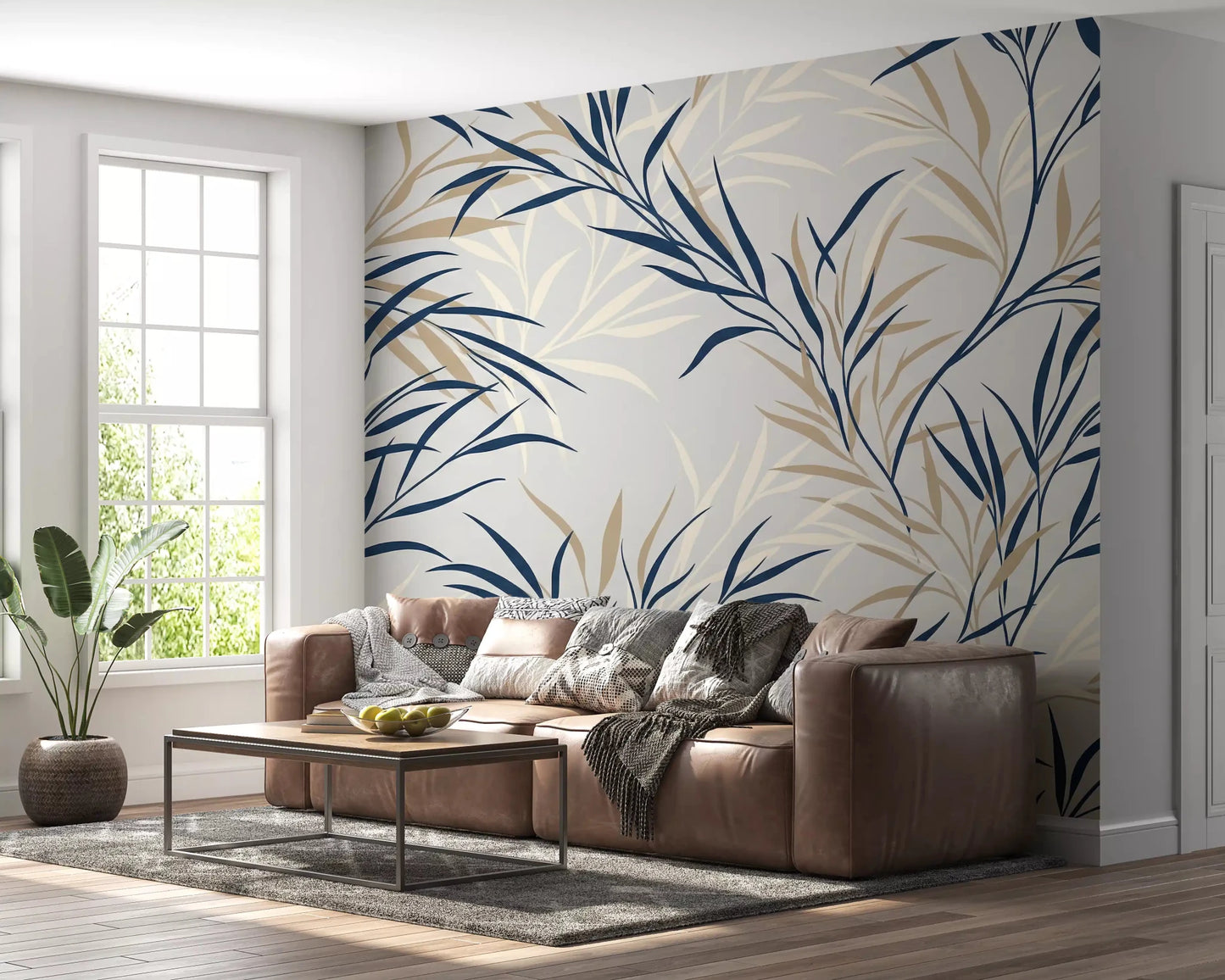 Navy and beige leaves shape this Willow Branch Serenity wall mural, GD9032