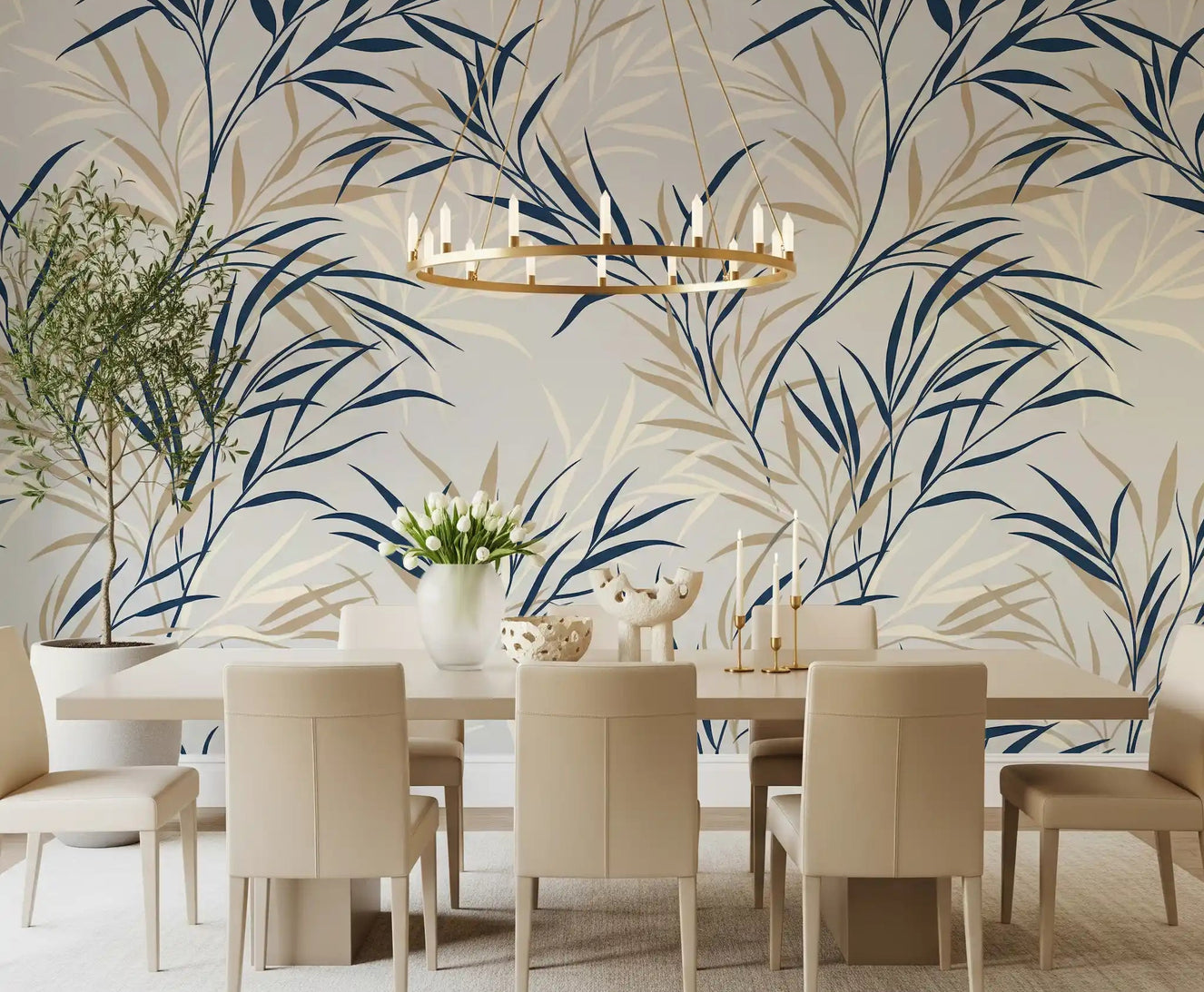 Dining room with Willow Branch Serenity wall mural in navy leaf pattern