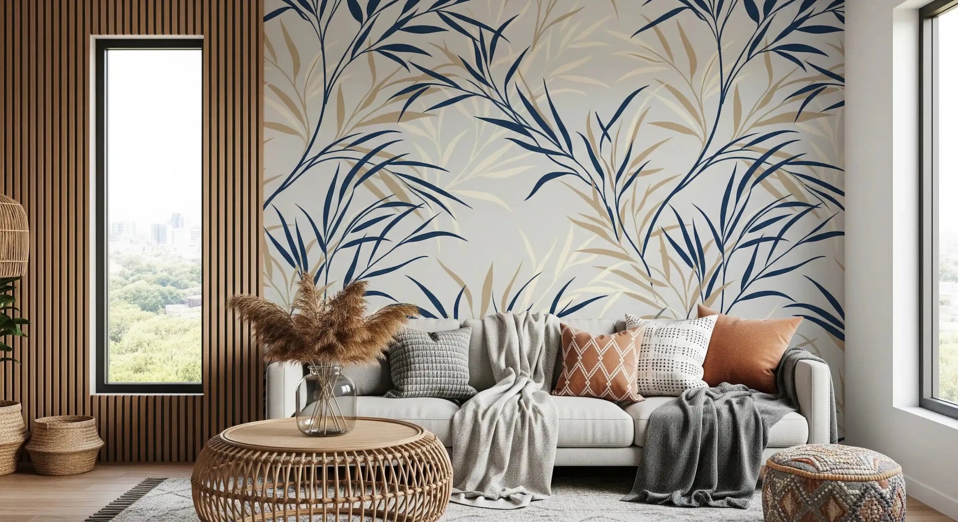 Calm Willow Branch Serenity wall mural in beige and blue leaf silhouettes, GD9032