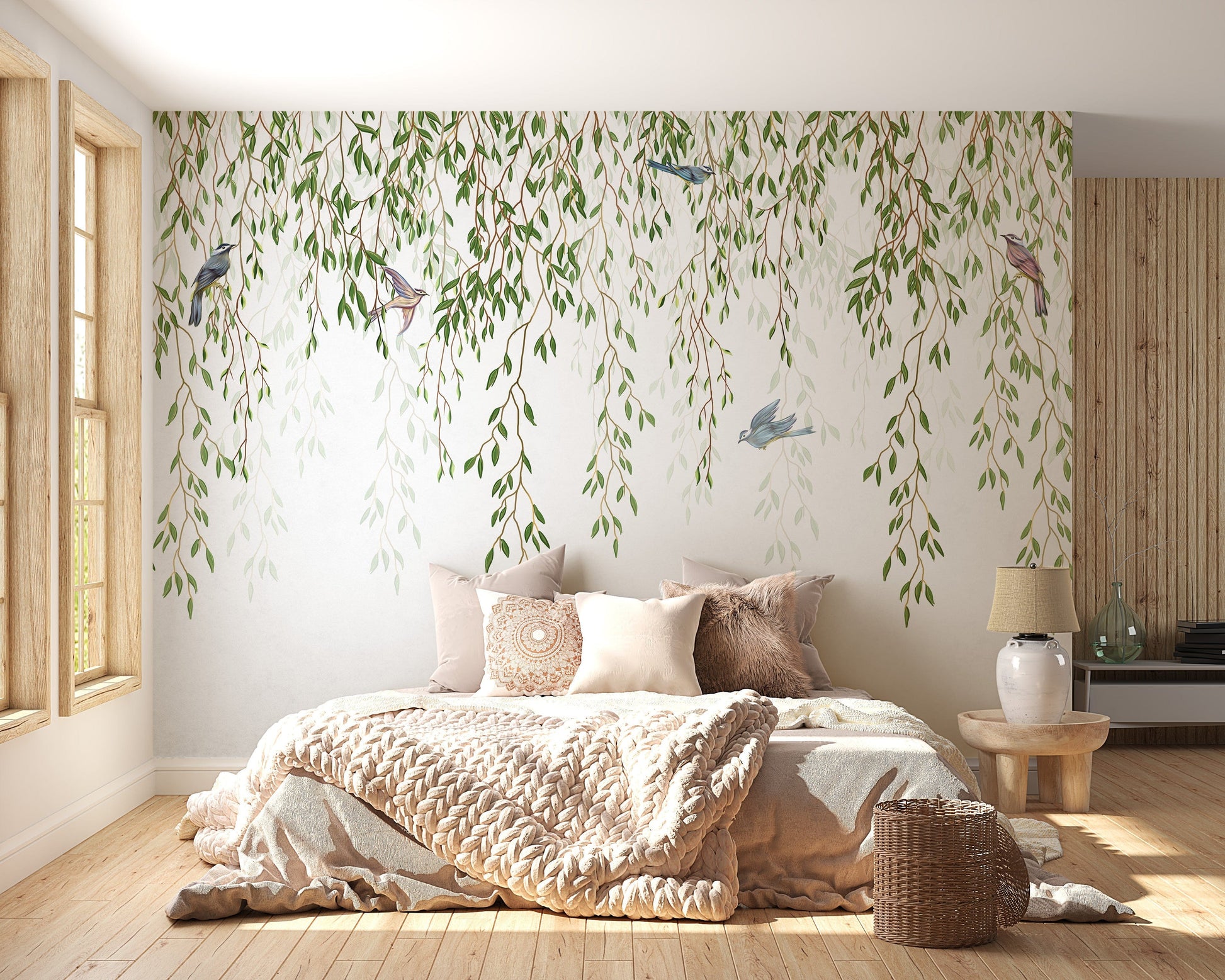 Elegant willow branches and birds wallpaper mural