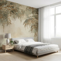 Bedroom wall finished with Forest Green Wall Mural in a calm woodland scene