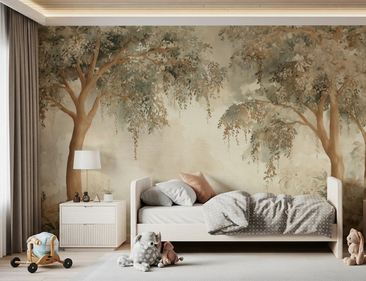 Bedroom styled with Forest Green Wall Mural in a misty painted tree landscape