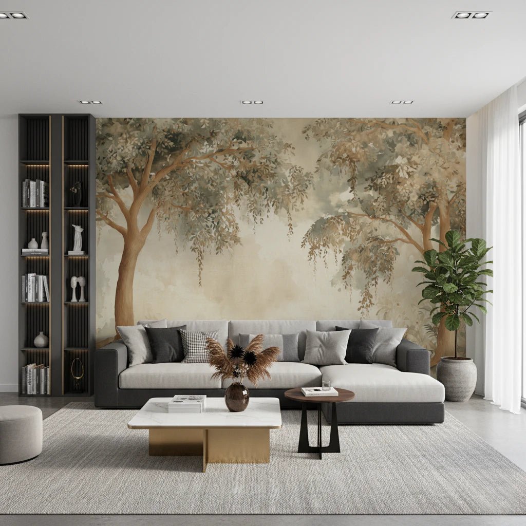 Forest green wall mural with dreamy trees and gentle watercolor texture