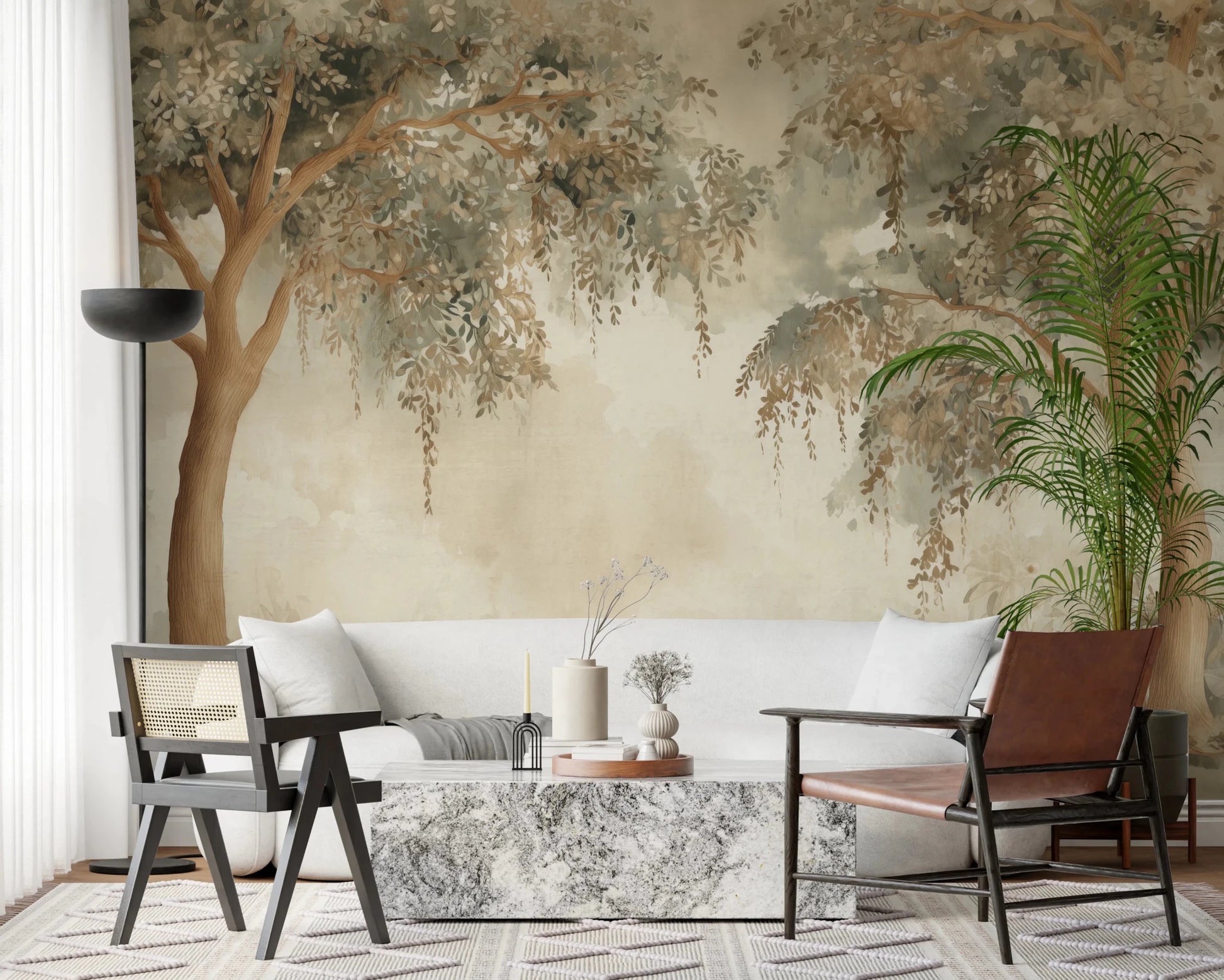 Home office featuring Willow Dreams wall mural with muted foliage and soft depth