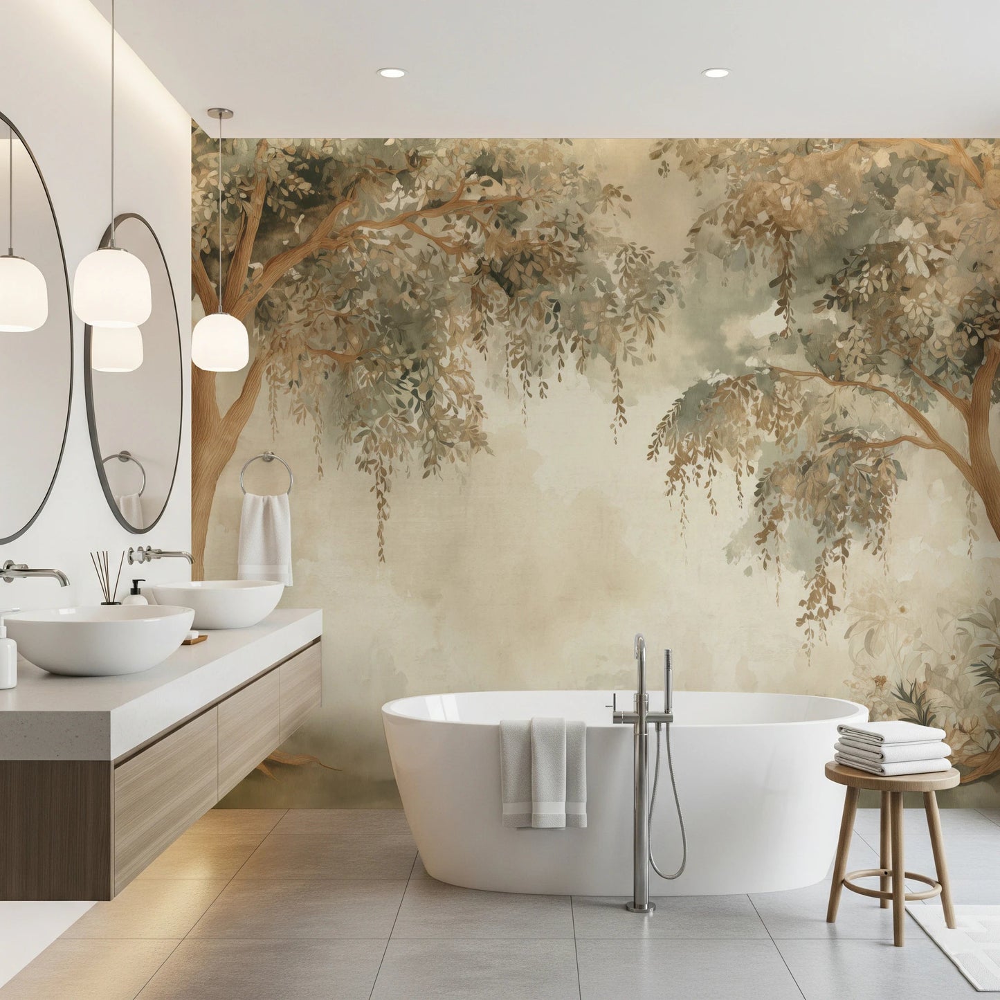 Soft woodland wall mural with sage foliage and a light atmospheric background
