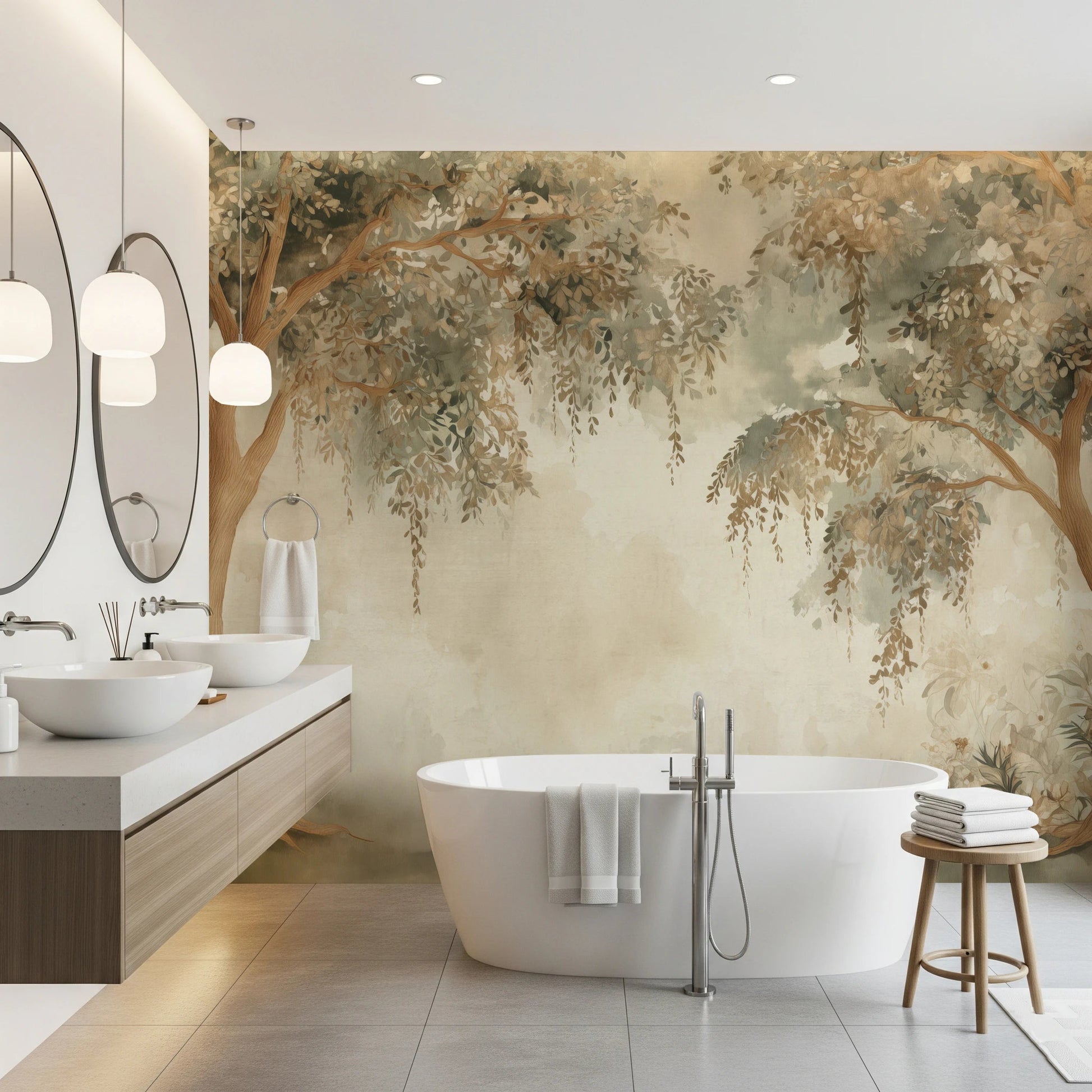 Soft woodland wall mural with sage foliage and a light atmospheric background