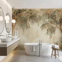 Soft woodland wall mural with sage foliage and a light atmospheric background