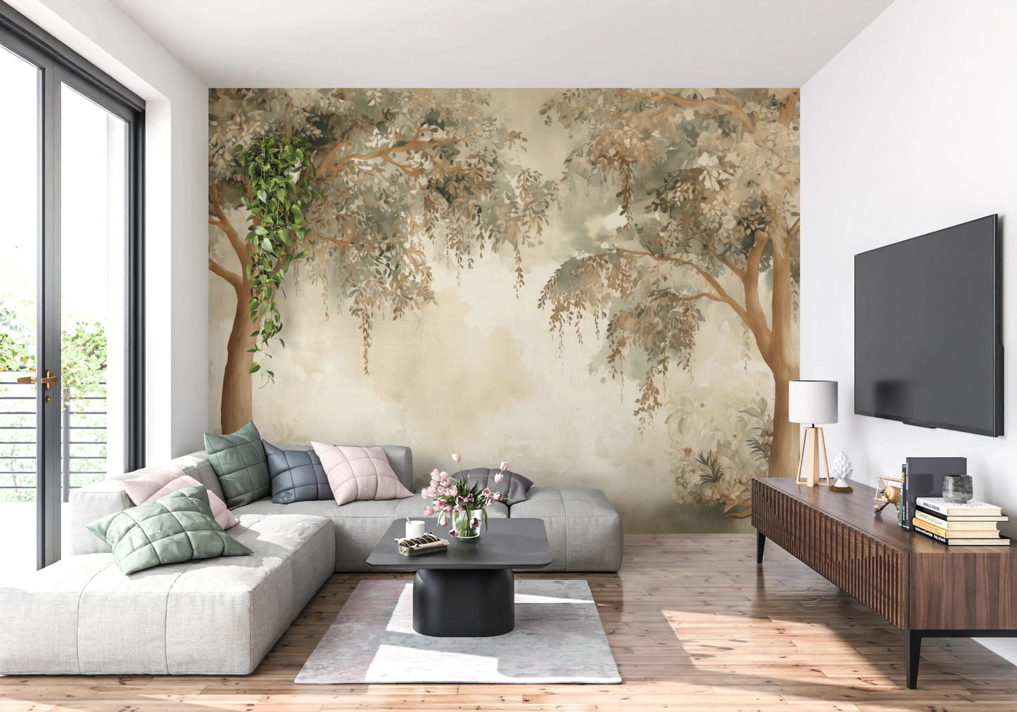 Painted forest green mural with layered branches and a misty nature backdrop