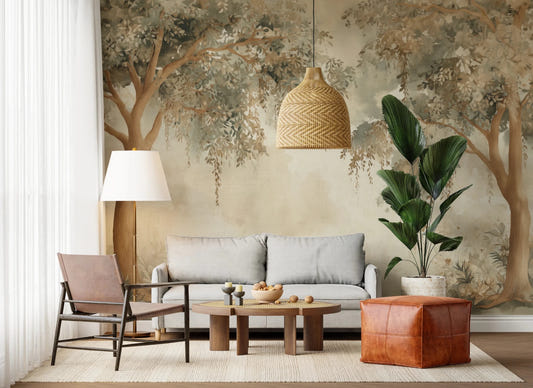Willow Dreams wall mural in a living room with soft forest green woodland trees