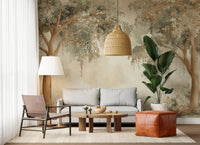 Willow Dreams wall mural in a living room with soft forest green woodland trees