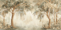 Nature-inspired wall mural with tall trees and muted green botanical layers