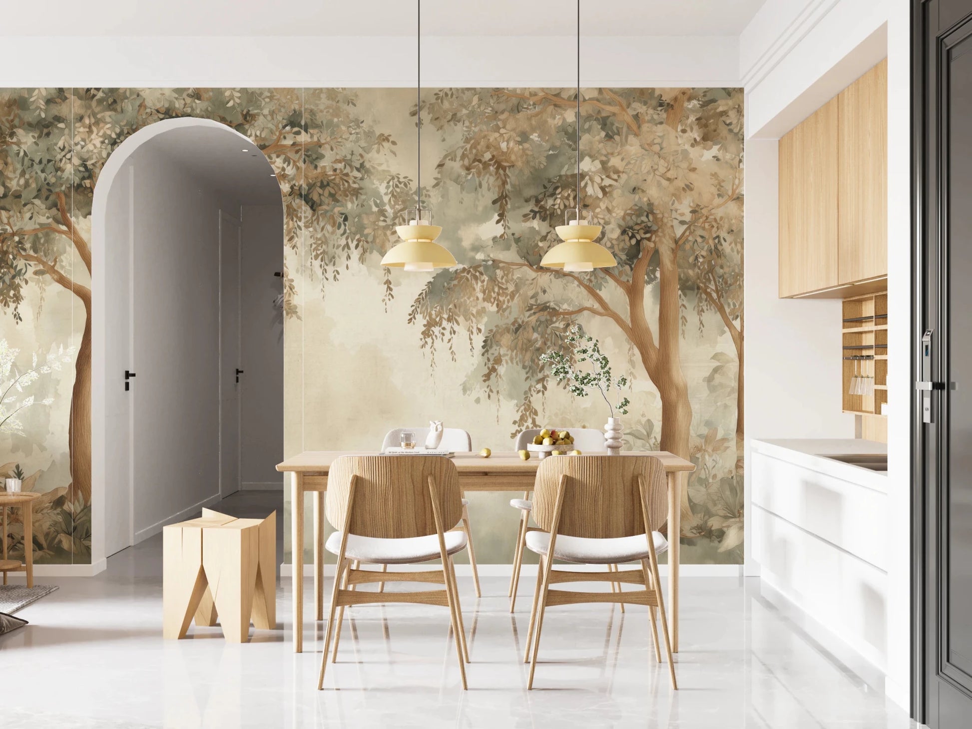 Willow Dreams Wall Mural with watercolor trees and soft hanging forest leaves