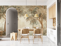Willow Dreams Wall Mural with watercolor trees and soft hanging forest leaves