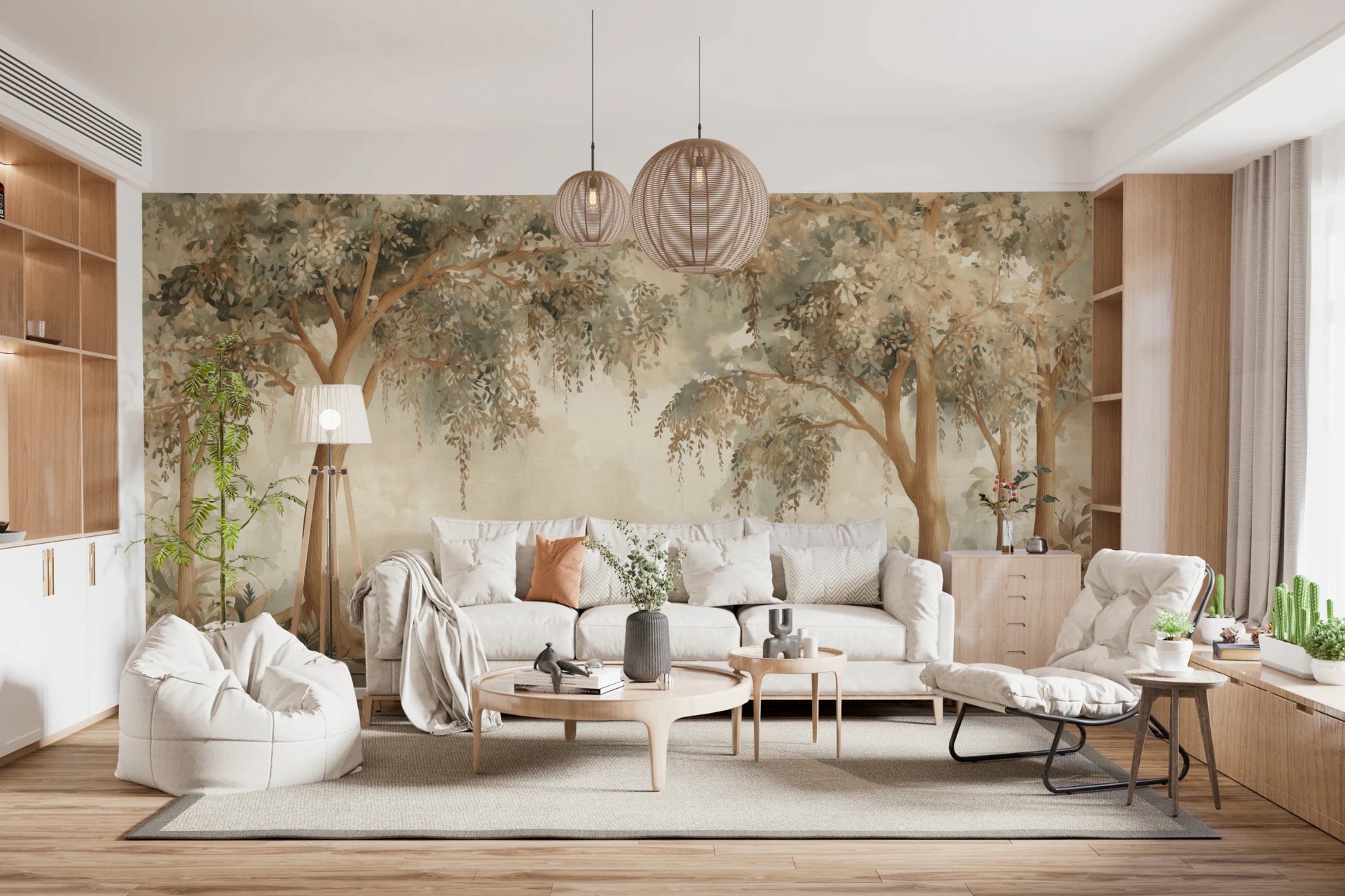 Willow Dreams mural showing earthy tree trunks and faded botanical detailing