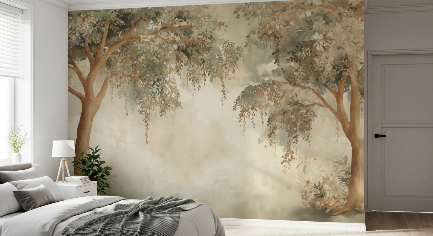 Scenic Willow Dreams mural with natural foliage and a calm painted forest view