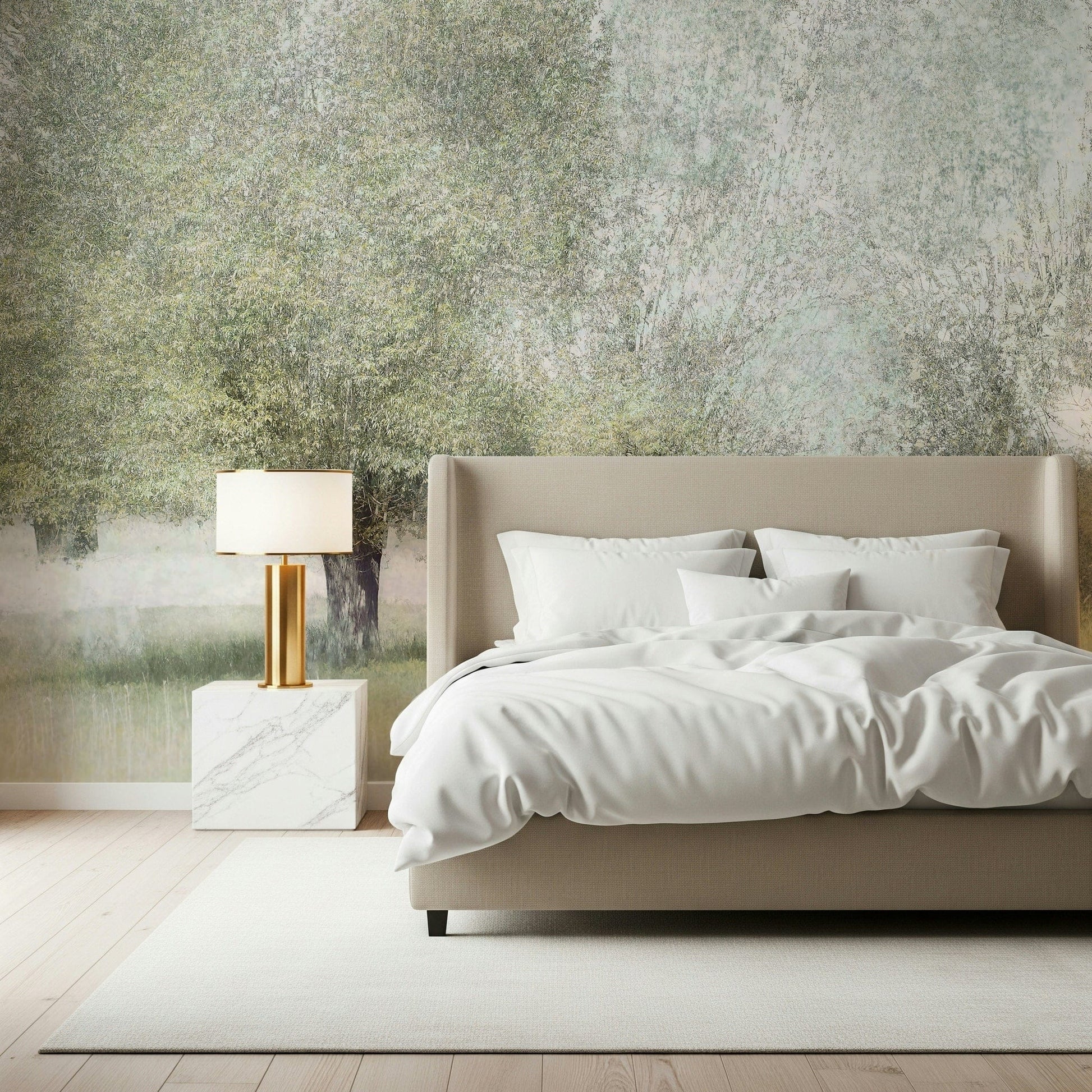 A calming abstract design wallpaper mural that defines a space.