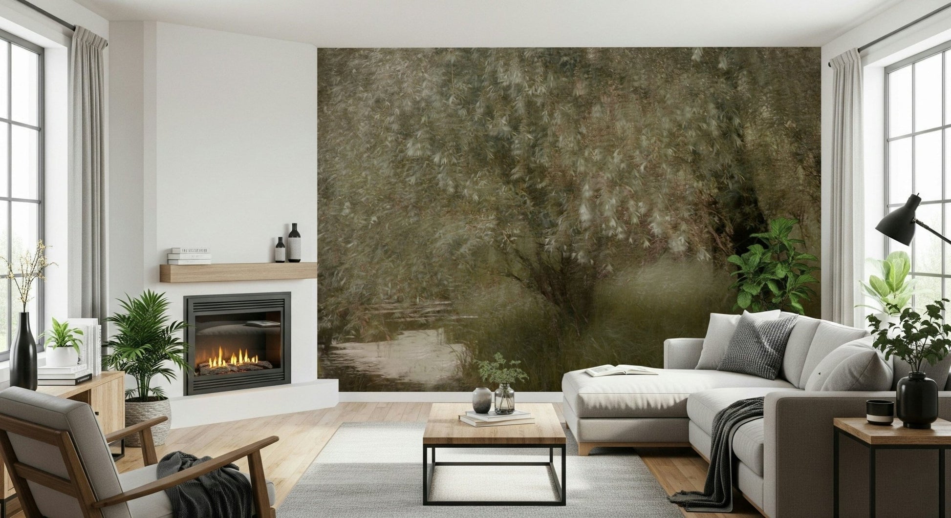 An artistic delicate leaf mural on minimalist wallpaper.