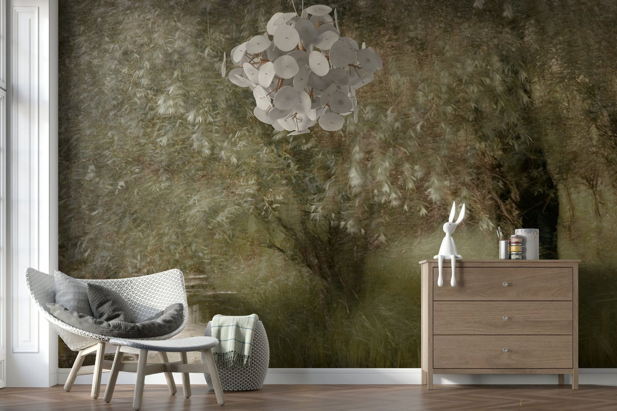 A beautiful subtle willow leaf wallpaper mural for a modern home., GD5590