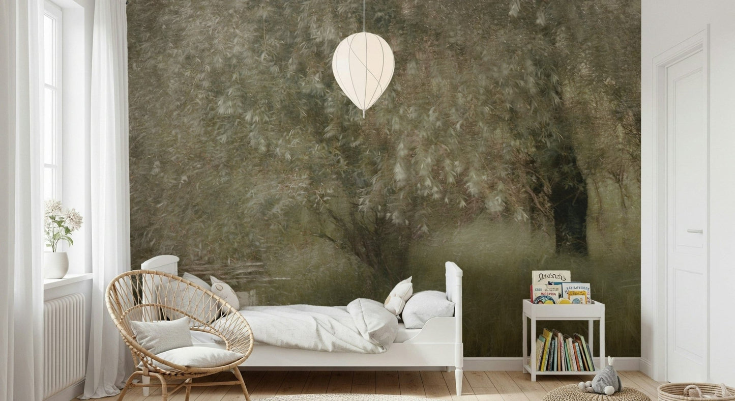 A contemplative botanical pattern wallpaper mural for a feature wall.