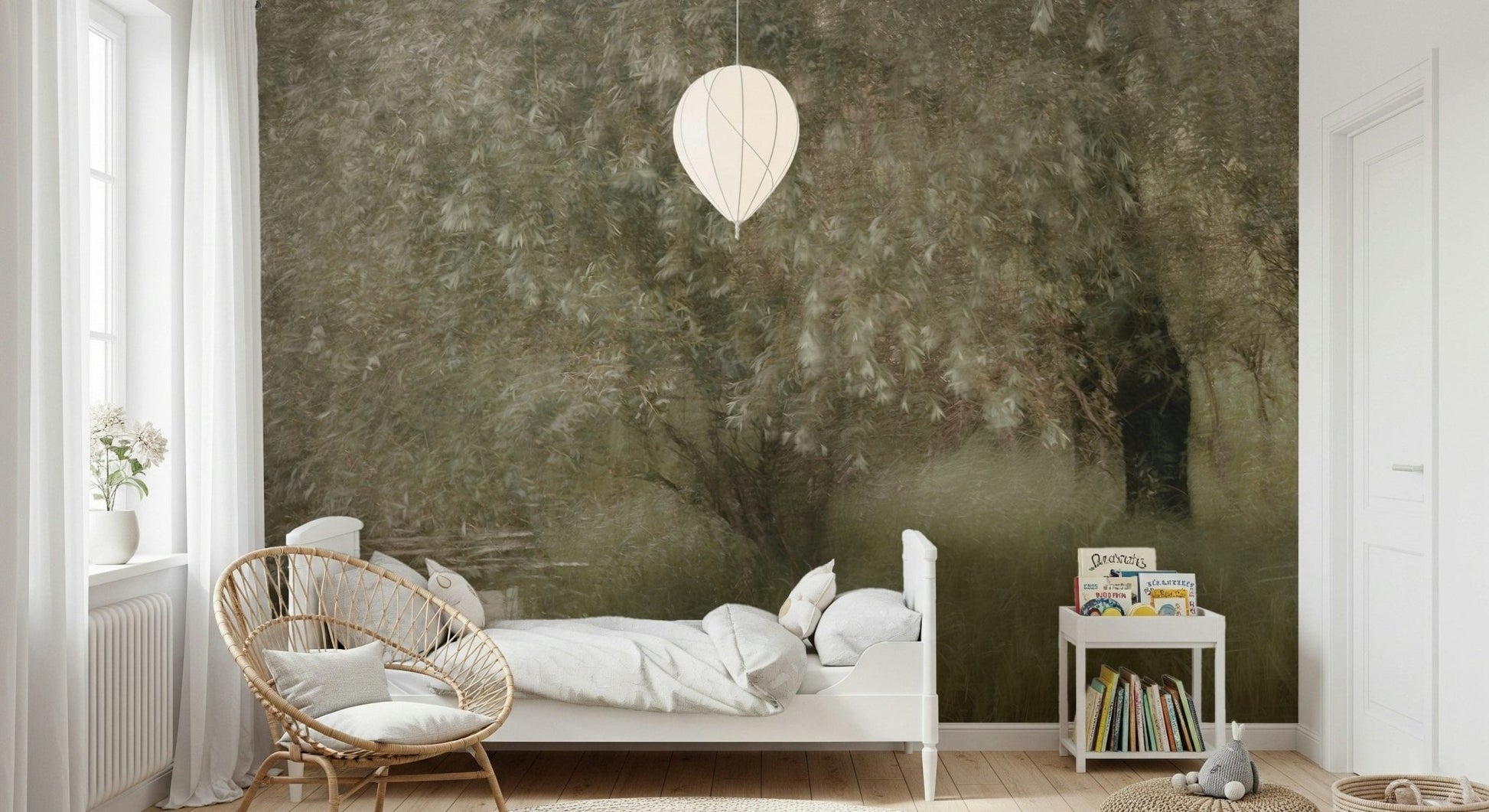 A contemplative botanical pattern wallpaper mural for a feature wall.