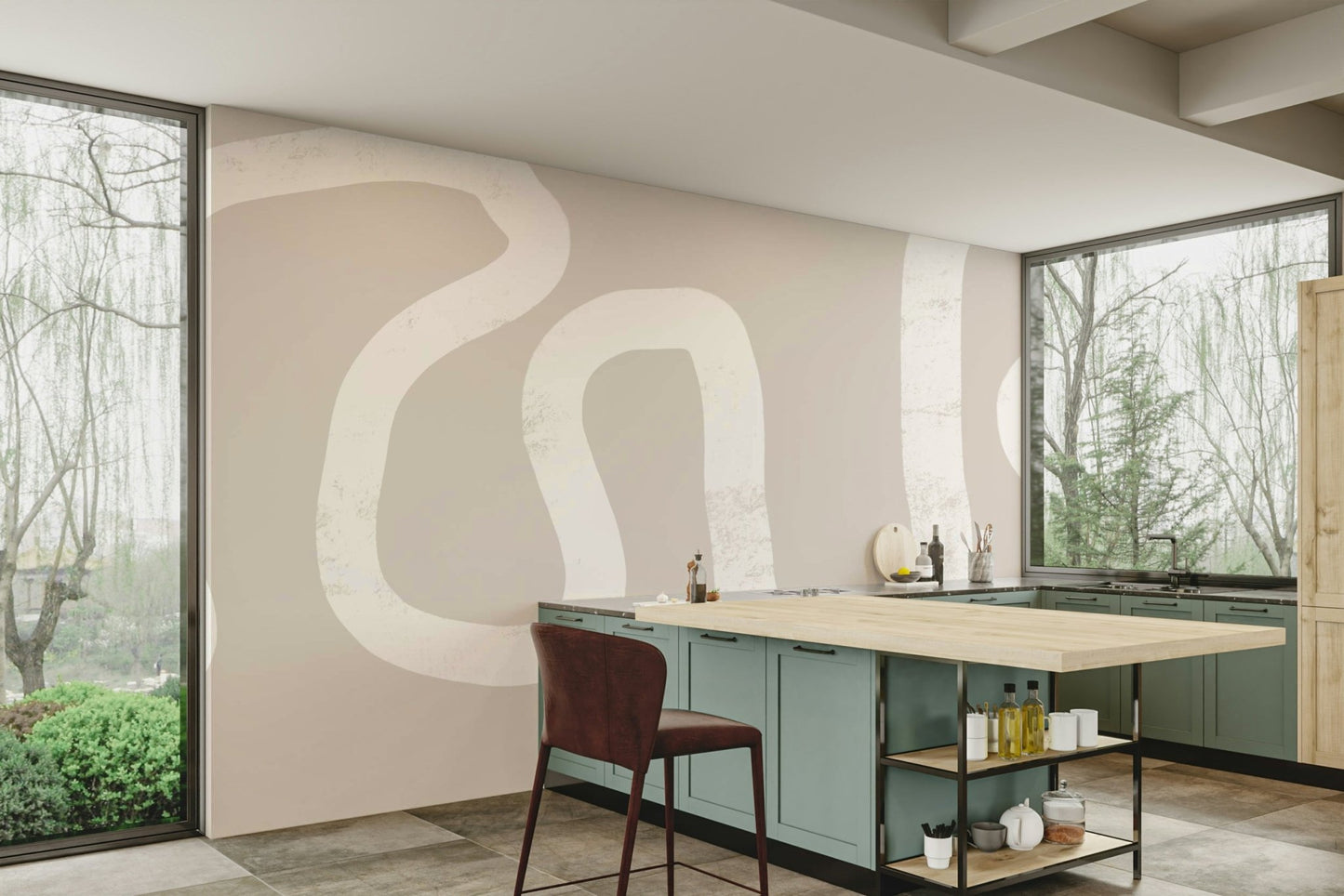 A beautiful winding path wallpaper mural in beige and neutral tones.

