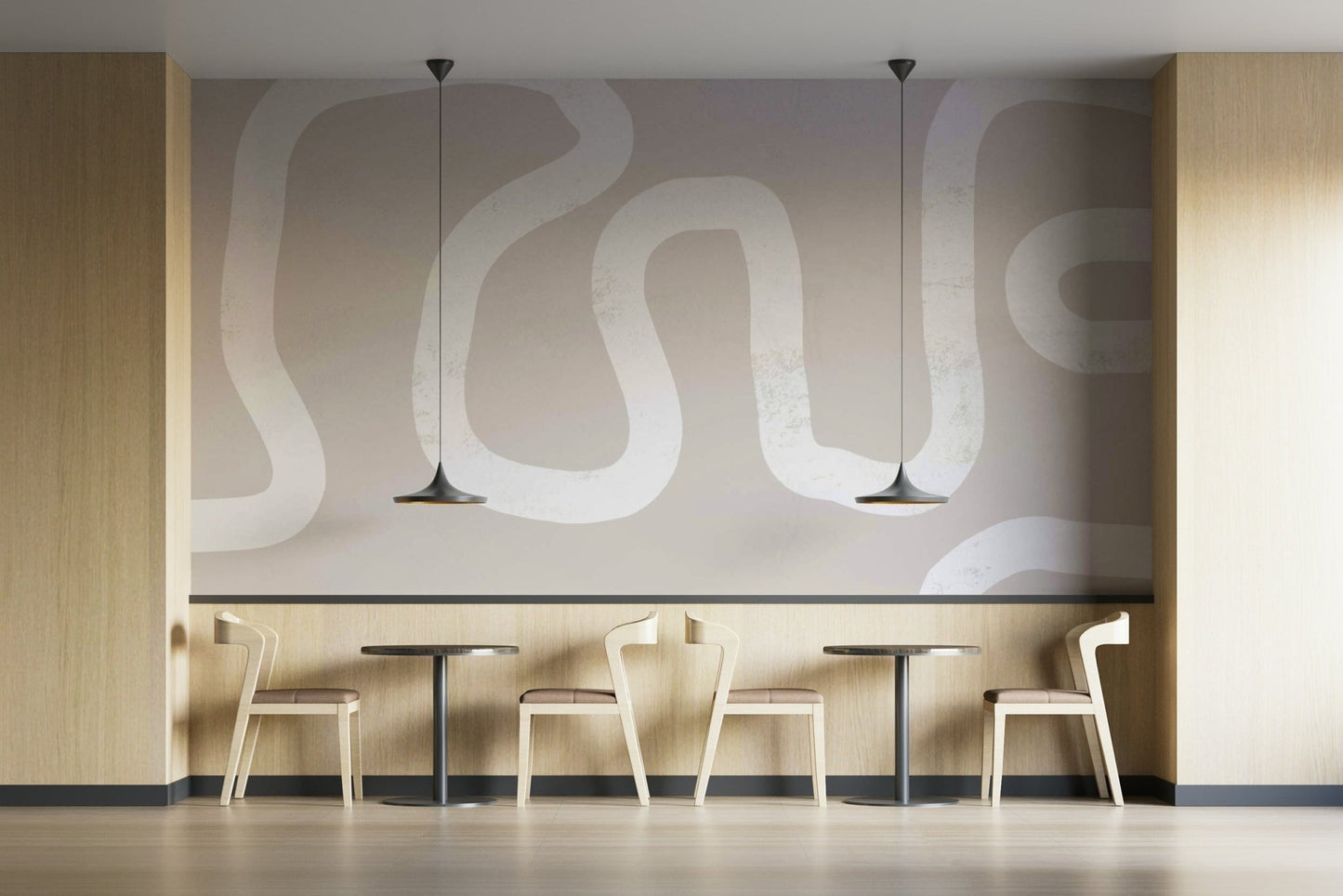 An artistic flowing line mural on minimalist wallpaper.

