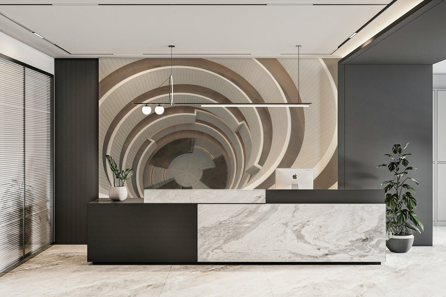 Curved staircase mural in neutral tones

