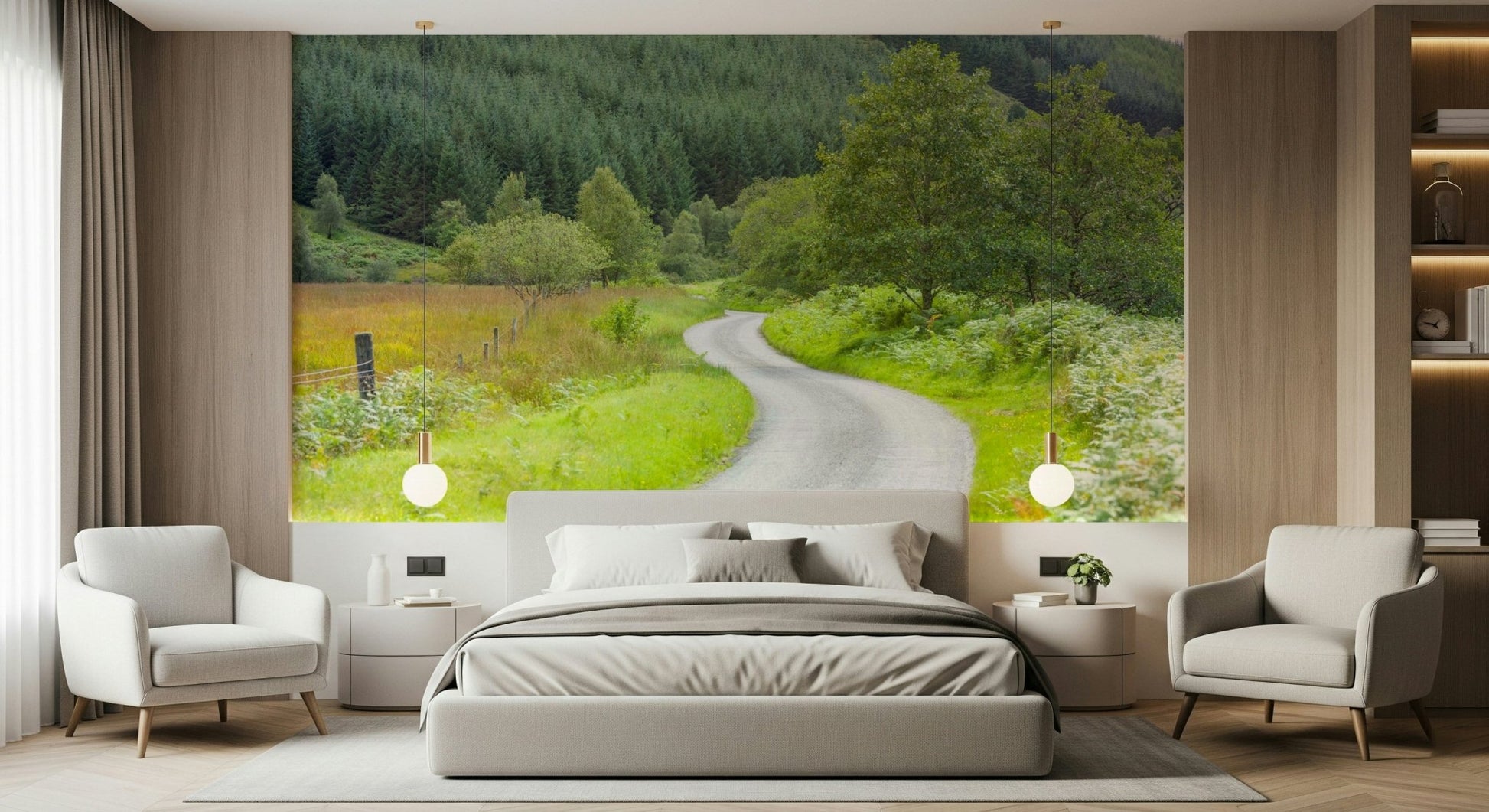Green forest and yellow field vista of Winding Way Serenity Wall Mural.