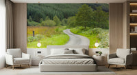 Green forest and yellow field vista of Winding Way Serenity Wall Mural.