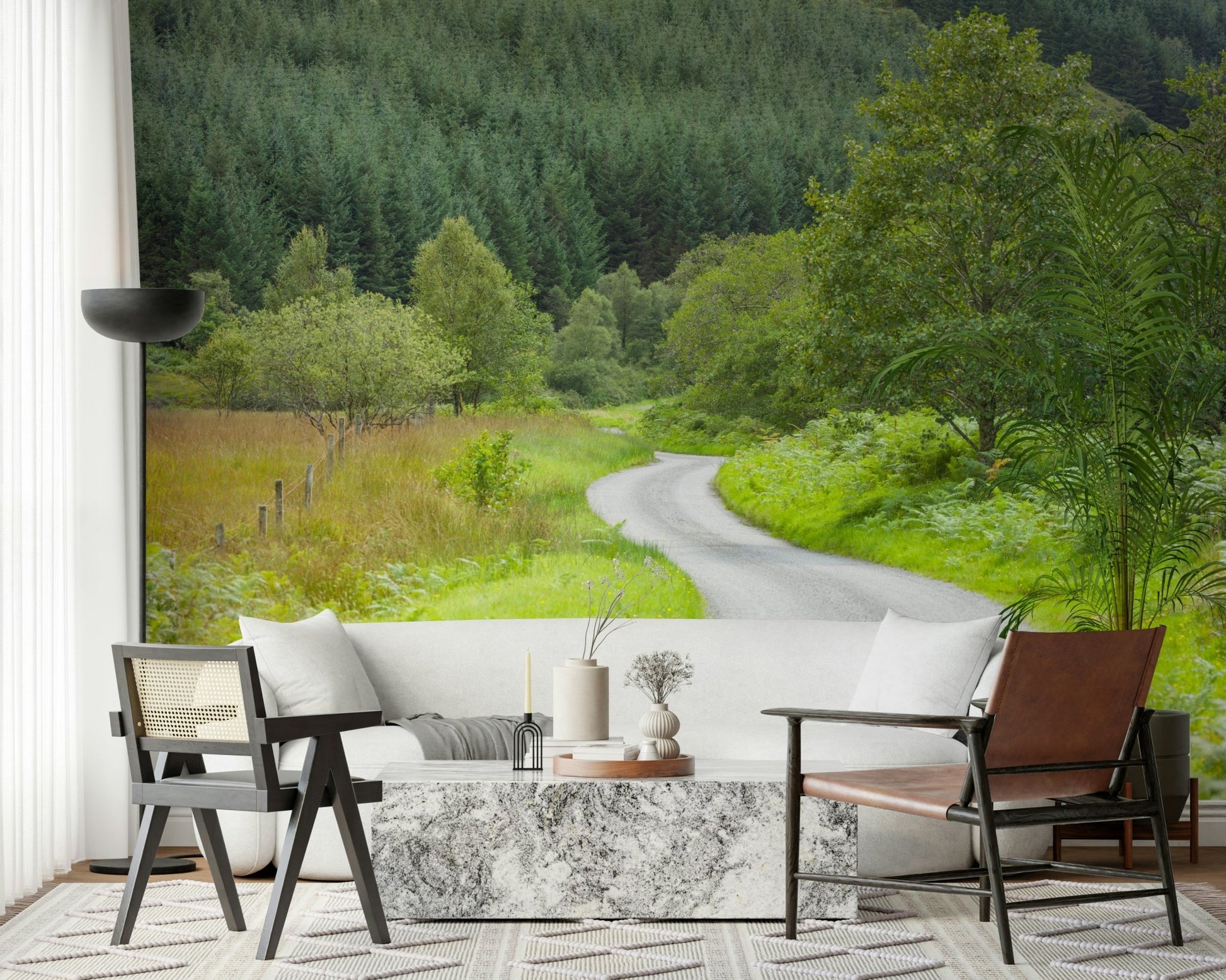 Curvy road leading through woodland on Winding Way Serenity Wall Mural.