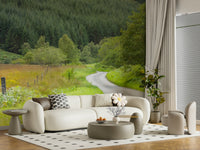 Winding Way Serenity Wall Mural behind a comfortable seating area.