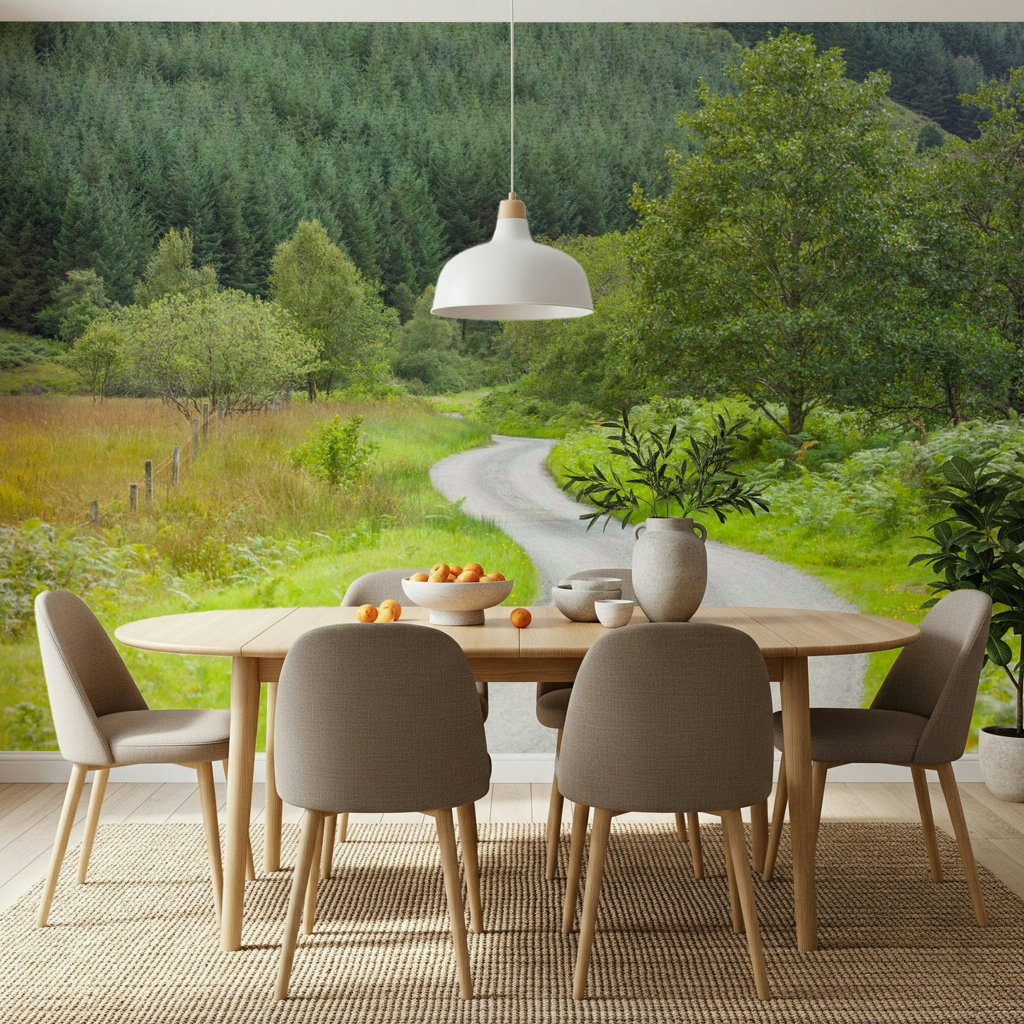 Scenic road winding through trees on Winding Way Serenity Wall Mural.