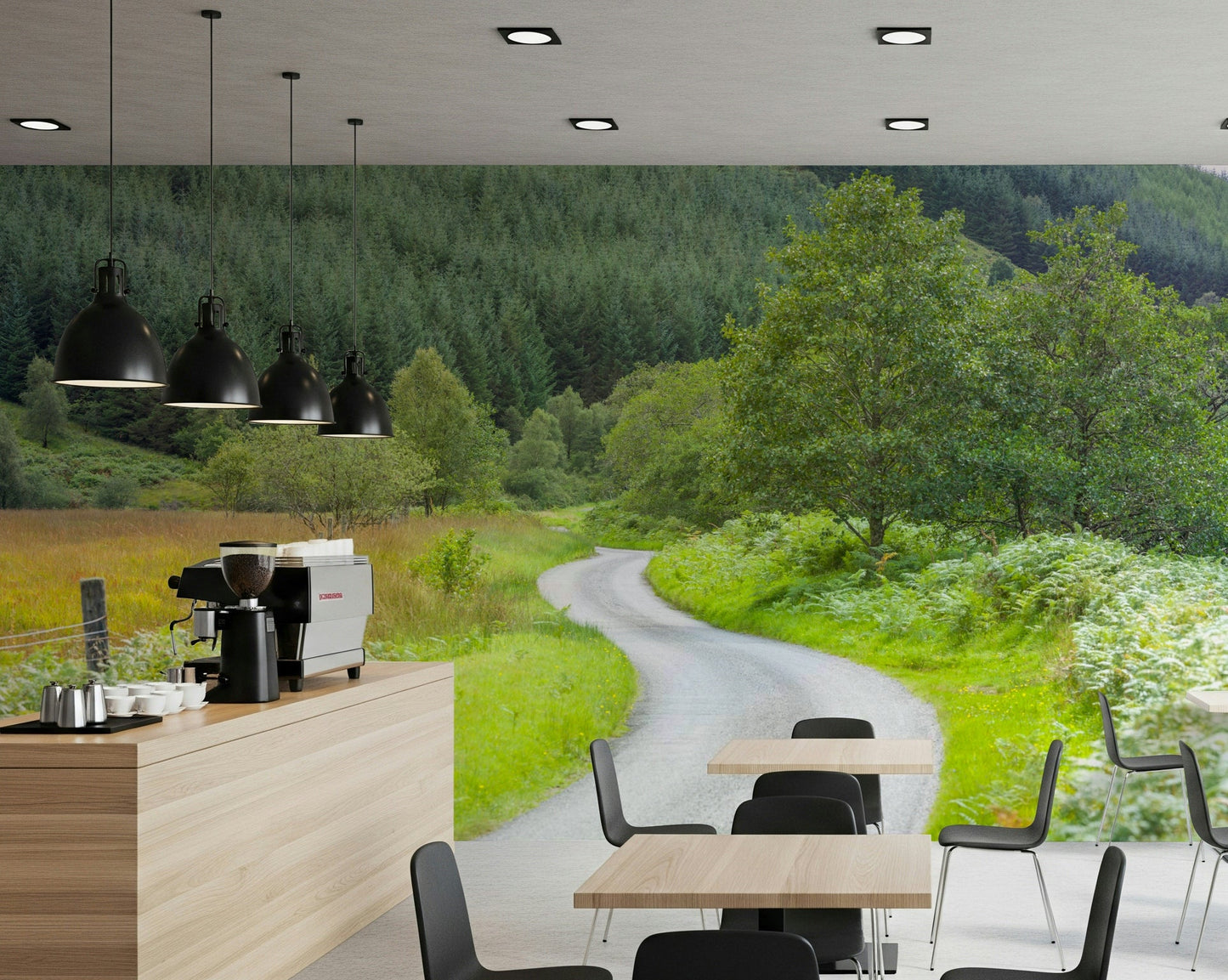 Peaceful meadow and forest design of Winding Way Serenity Wall Mural.