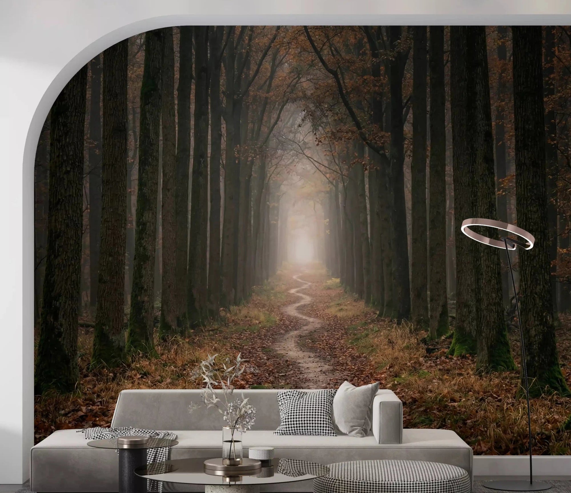 Living room with Winding Woodland Way wall mural and misty forest path, GD9027
