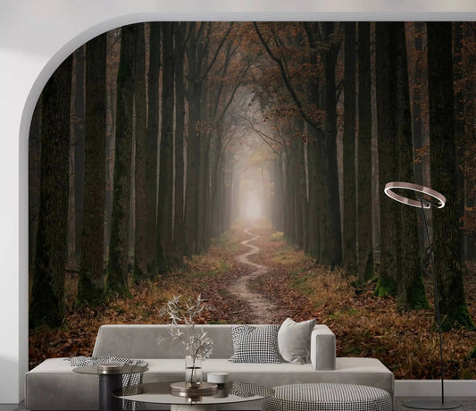 Living room with Winding Woodland Way wall mural and misty forest path, GD9027