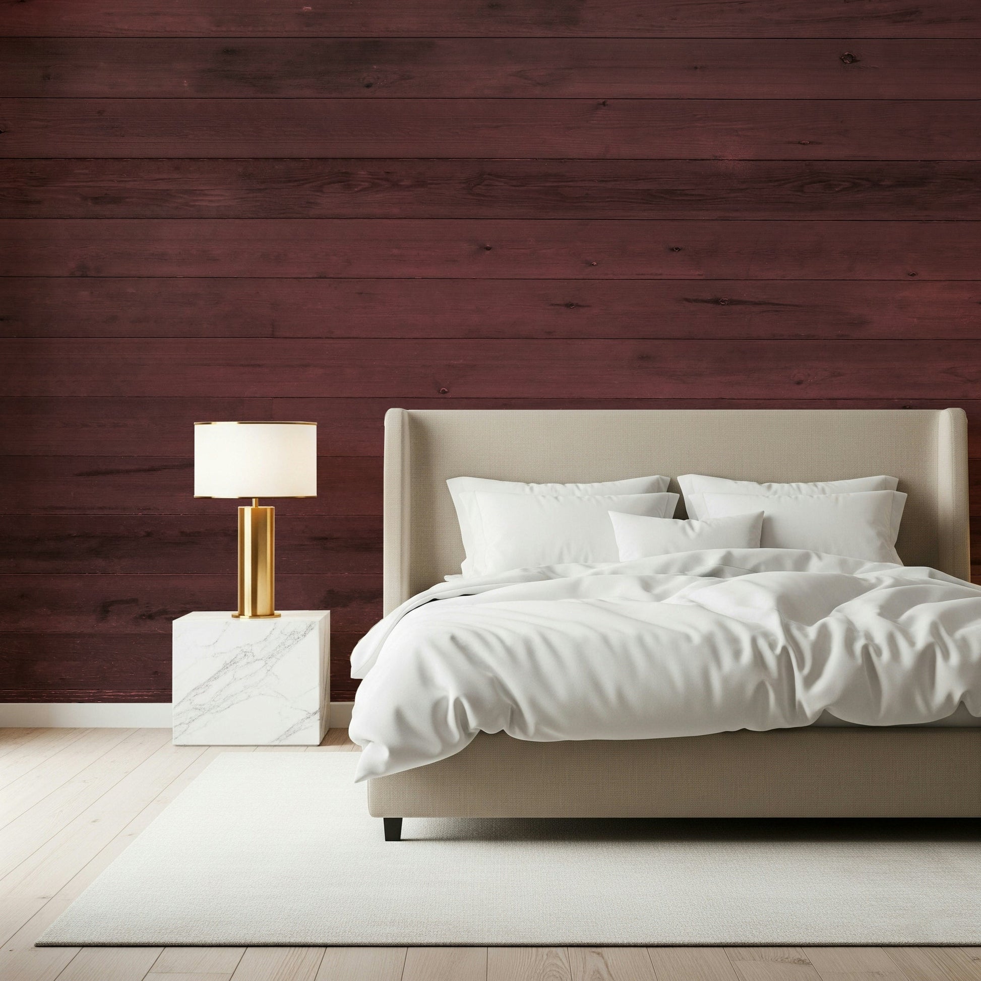 Purple and burgundy color tones of the Wine-Stained Wood Wall Mural.