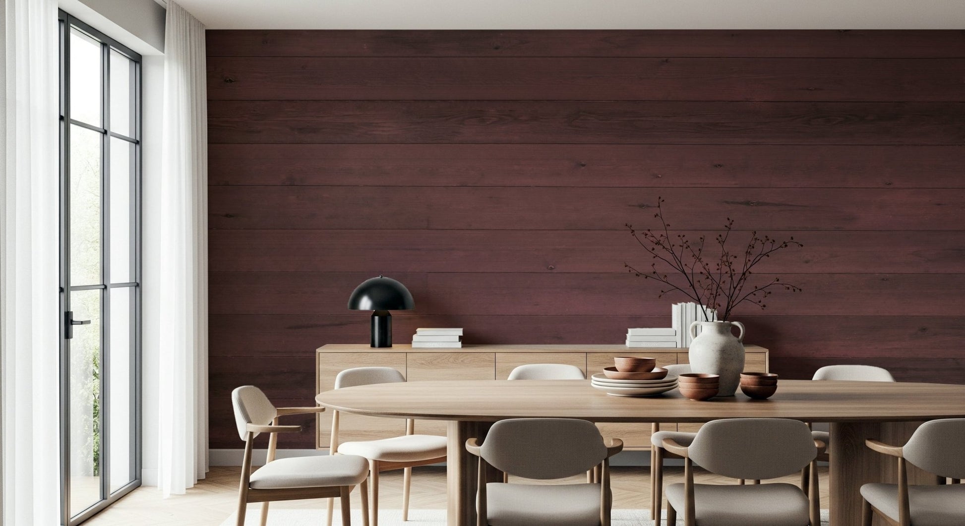 Stylish kitchen design using Wine-Stained Wood Wall Mural backdrop.