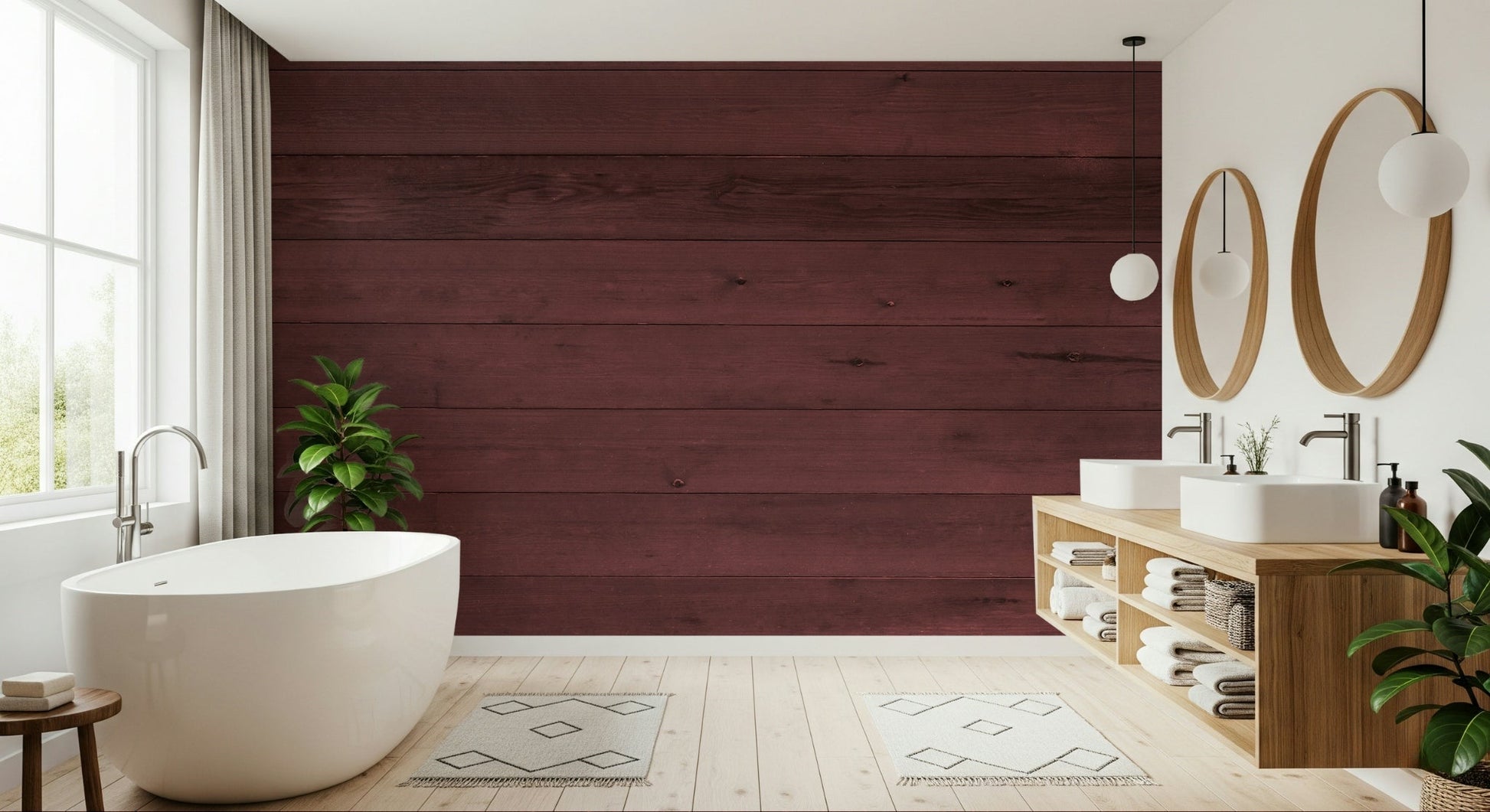 Cozy living room featuring the rustic Wine-Stained Wood Wall Mural.