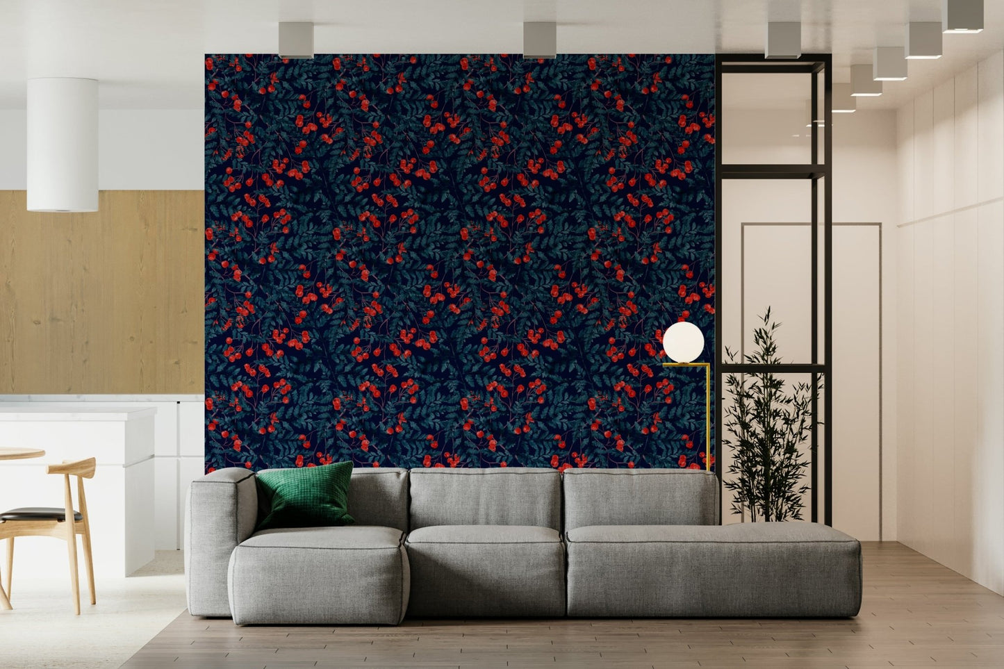 Red botanical pattern wallpaper mural for a festive bedroom wall.