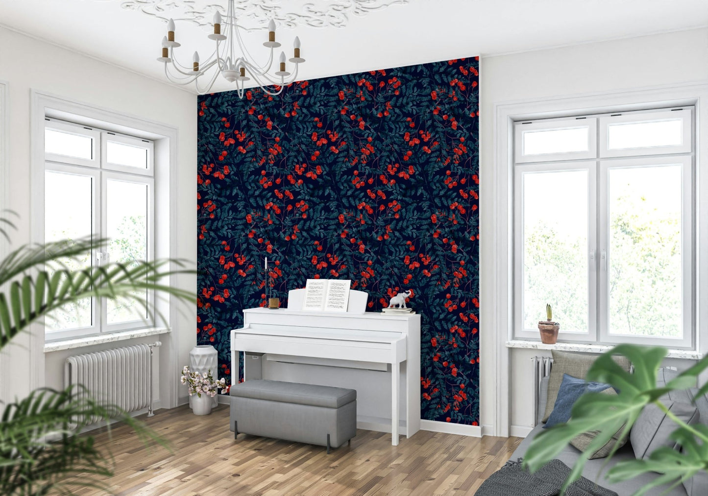 Minimalist winter flora wallpaper mural for an office workspace.