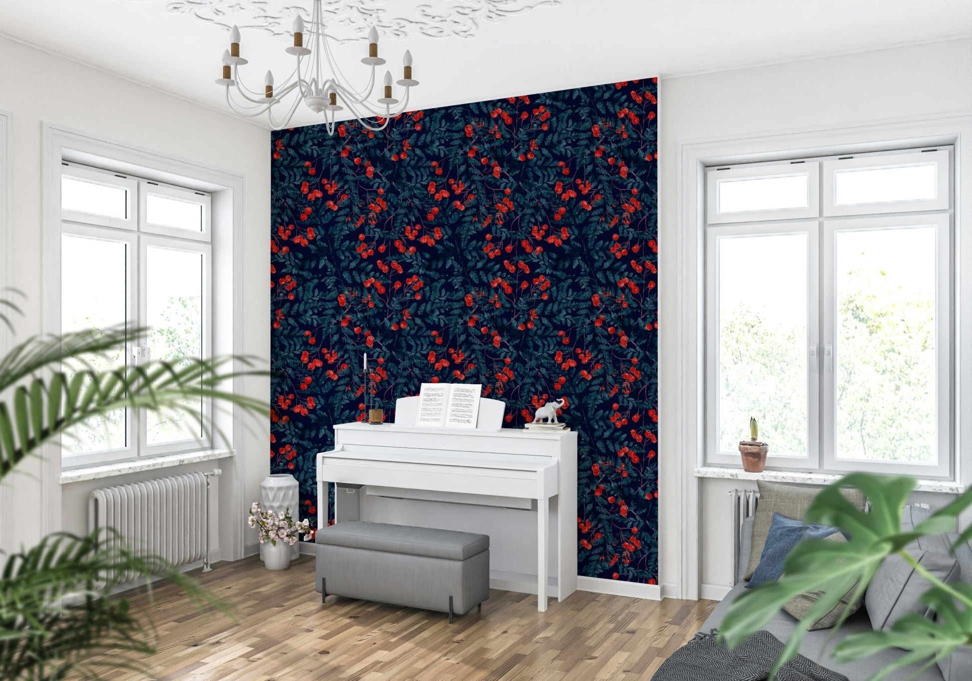 Minimalist winter flora wallpaper mural for an office workspace.