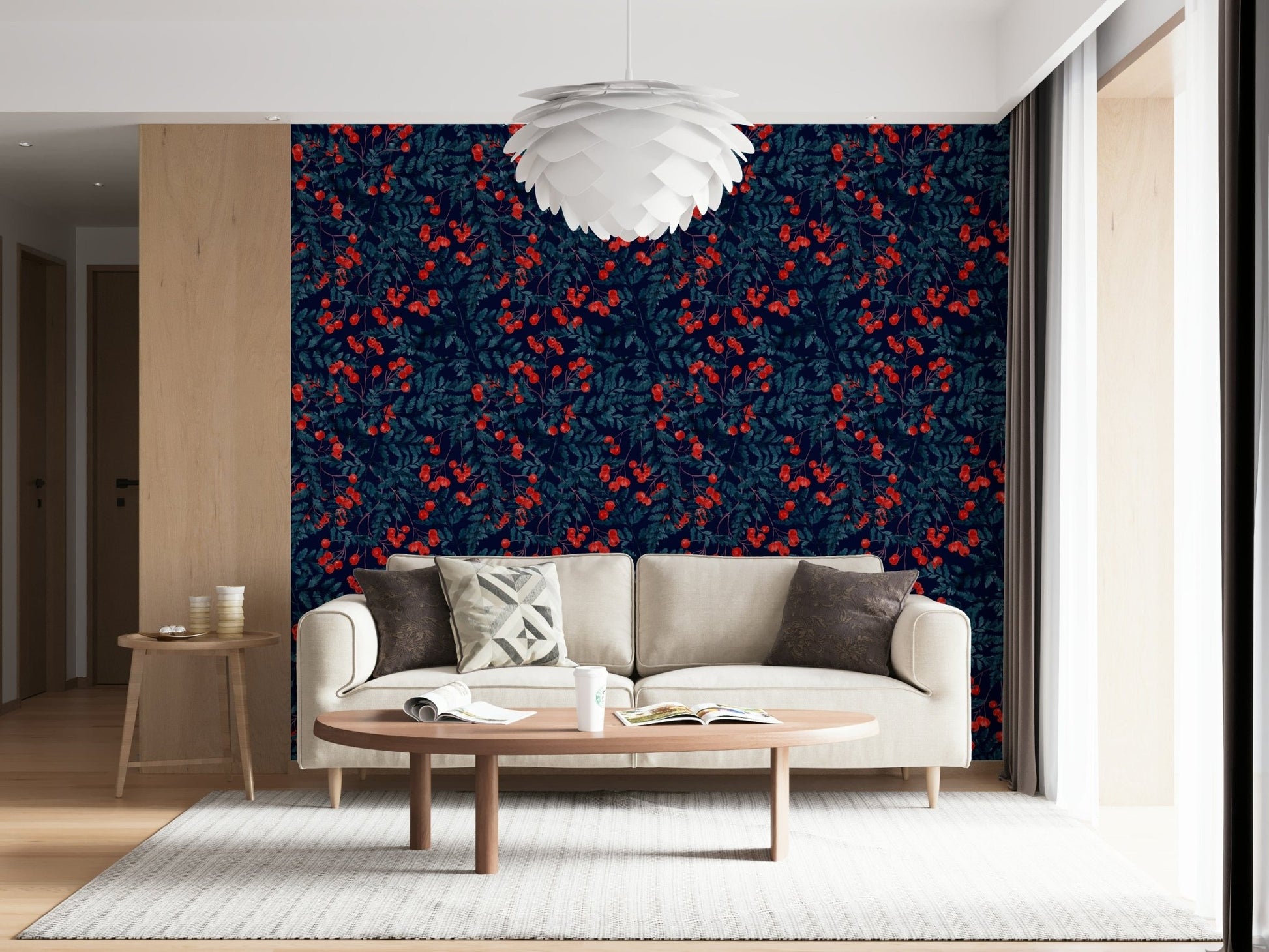 Traditional berry design wallpaper mural for an apartment interior.