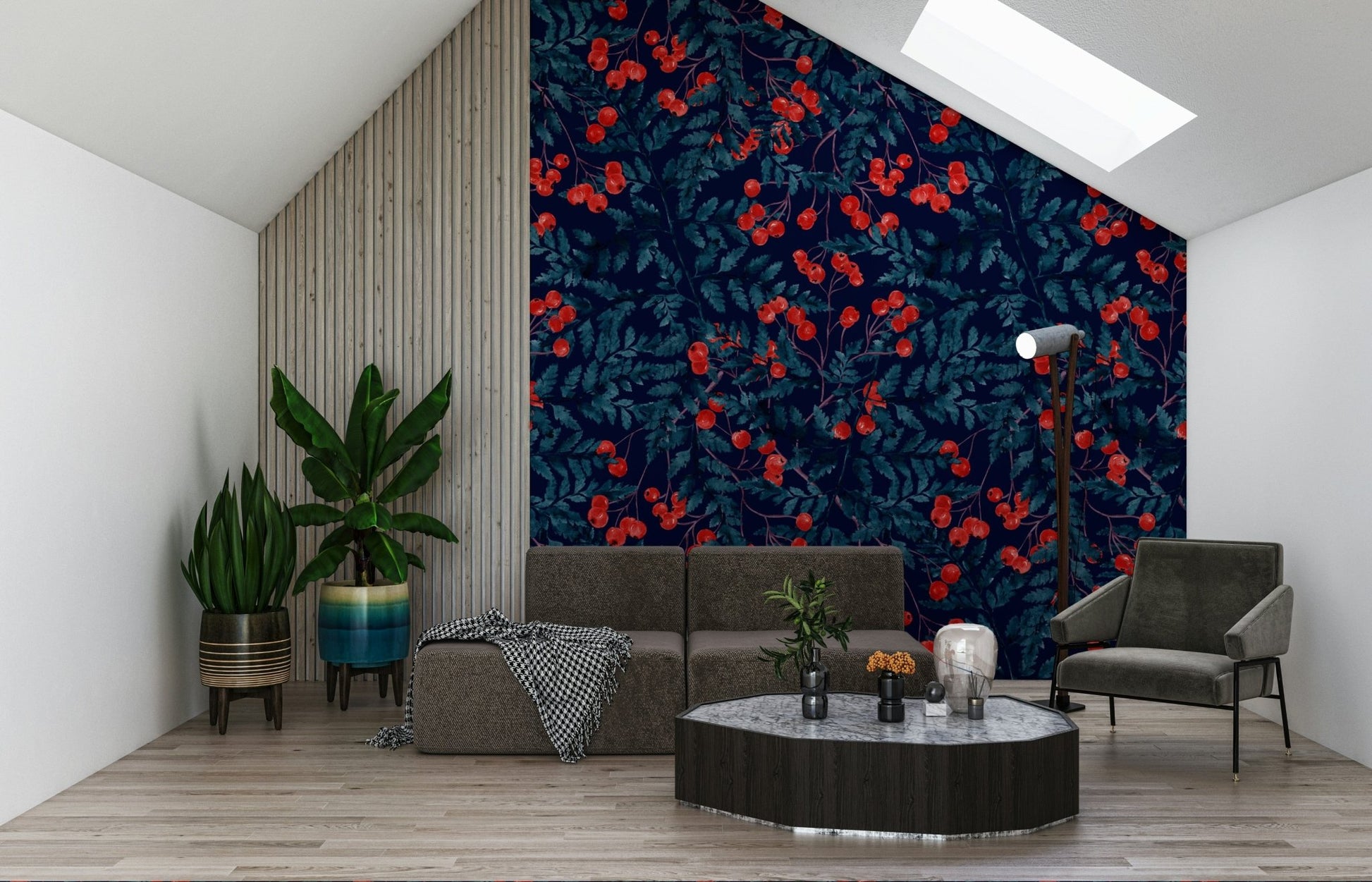 Winter Berries Wallpaper wallpaper mural in a rustic living room.
