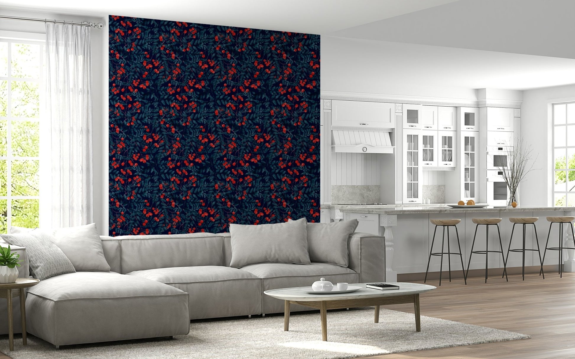 Nature inspired fruit wallpaper mural for a hallway feature wall.