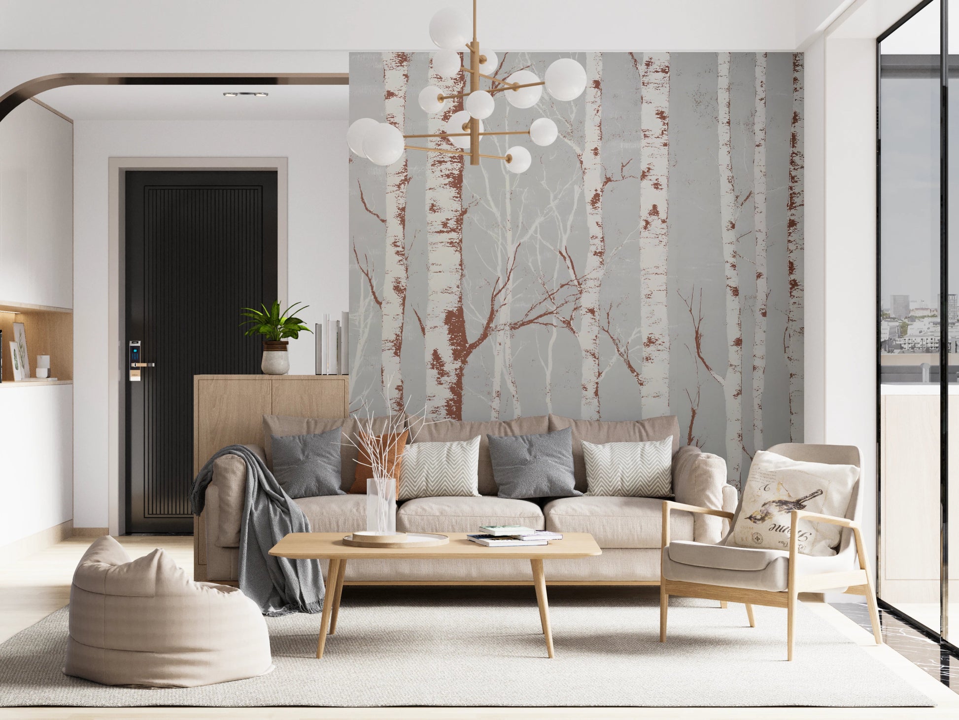 Winter Birch Beauty mural with tall trees
