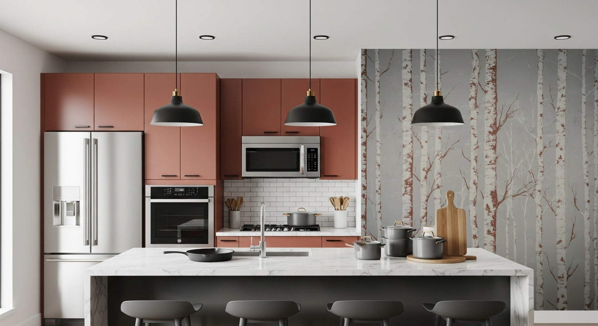 Birch trees wall mural in soft grey tones