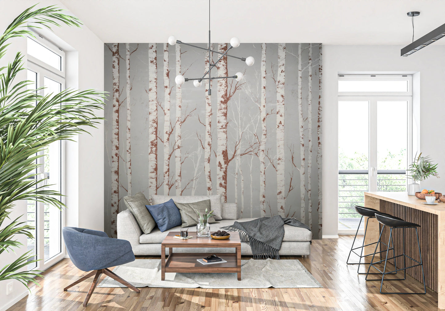 Winter birch trees wall mural design